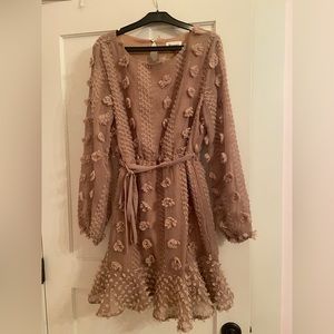 Brown / Tan Long Sleeve Midi / Knee Dress with Floral pattern